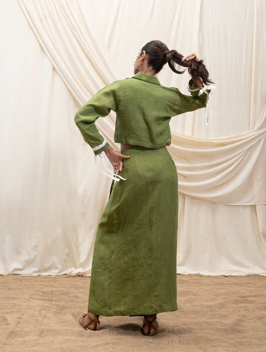 Linen cropped shirt and wrap skirt set at kamakhyaa.com by Akashi Clothing. This item is 100% Linen, Regular Fit, Solid Selfmade, Solids, The Stamp Edit By Akashi Clothing