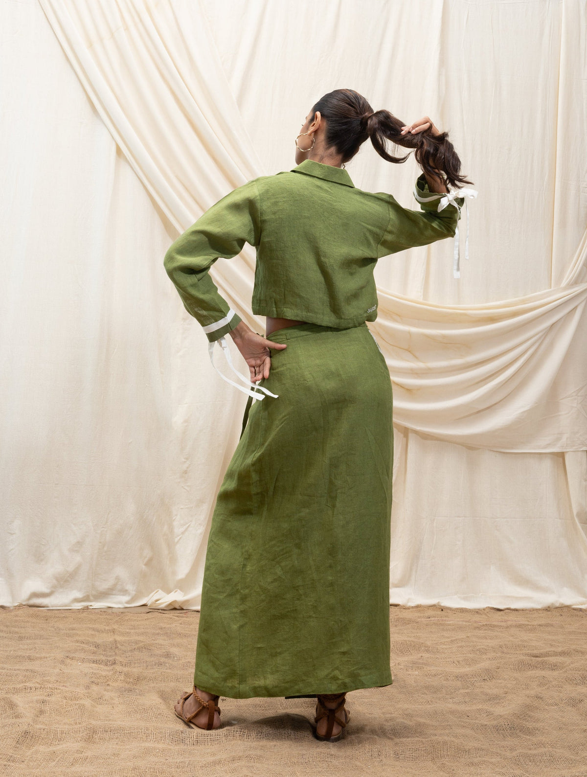 Linen cropped shirt and wrap skirt set at kamakhyaa.com by Akashi Clothing. This item is 100% Linen, Regular Fit, Solid Selfmade, Solids, The Stamp Edit By Akashi Clothing