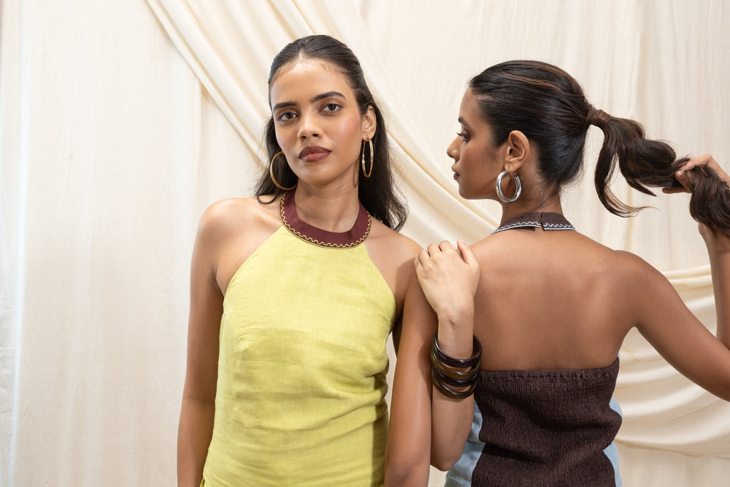 Linen halter top and shorts set at Kamakhyaa by Akashi Clothing. This item is 100% Linen, Regular Fit, Solid Selfmade, Solids, The Stamp Edit By Akashi Clothing, Under $150