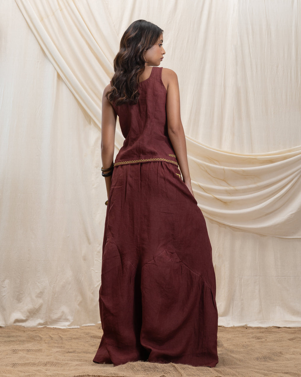 Linen tie up corset and flowy skirt set at Kamakhyaa by Akashi Clothing. This item is 100% Linen, Regular Fit, Solid Selfmade, Solids, The Stamp Edit By Akashi Clothing, Under $200