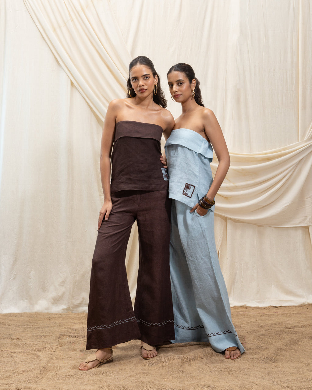 Linen tube top and bell bottom set at Kamakhyaa by Akashi Clothing. This item is 100% Linen, Regular Fit, Solid Selfmade, Solids, The Stamp Edit By Akashi Clothing