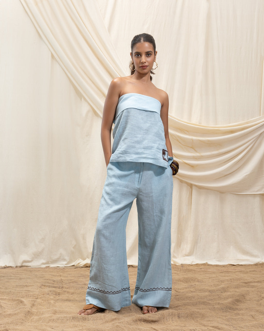 Linen tube top and bell bottom set at Kamakhyaa by Akashi Clothing. This item is 100% Linen, Regular Fit, Solid Selfmade, Solids, The Stamp Edit By Akashi Clothing