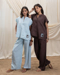 Linen v neck top and pleated drawsing pant set at Kamakhyaa by Akashi Clothing. This item is 100% Linen, Regular Fit, Solid Selfmade, Solids, The Stamp Edit By Akashi Clothing