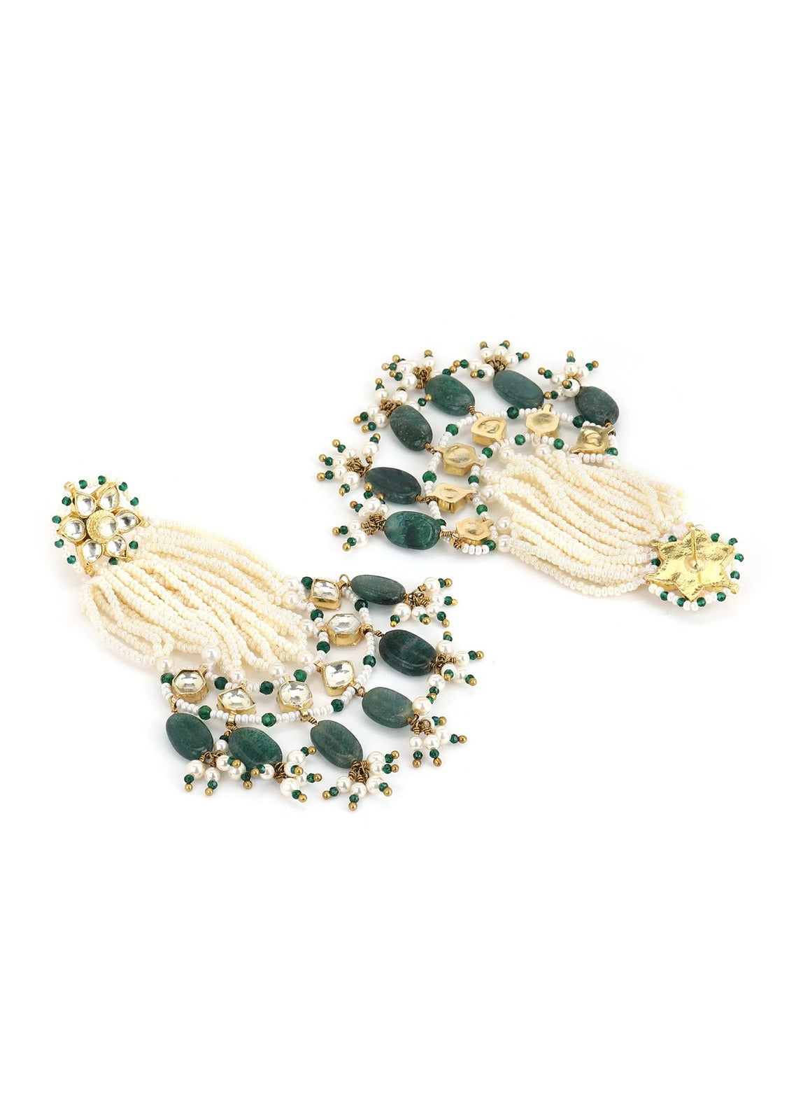 Long Earrings Passa Ahemdabadi -Green at Kamakhyaa by House Of Heer. This item is Festive Jewellery, Festive Wear, Free Size, Green, jewelry, July Sale, July Sale 2023, Long Earrings, Mix metal, Natural, Pearl, Polkis, Solids