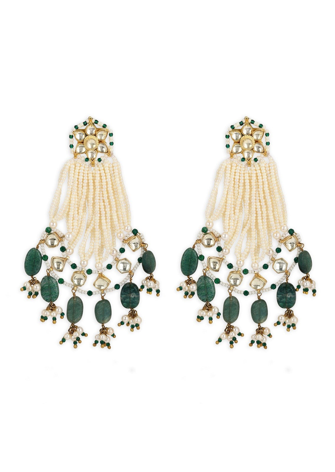 Long Earrings Passa Ahemdabadi -Green at Kamakhyaa by House Of Heer. This item is Festive Jewellery, Festive Wear, Free Size, Green, jewelry, July Sale, July Sale 2023, Long Earrings, Mix metal, Natural, Pearl, Polkis, Solids