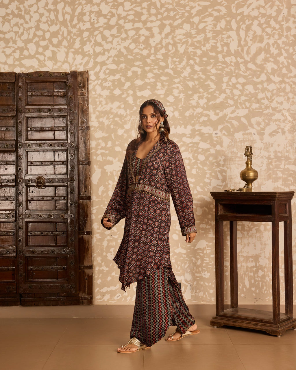 Long Jacket with Bralette & Drape Pants Set at Kamakhyaa by Akashi Clothing. This item is Ajrakh by Akashi Clothing, Under $100