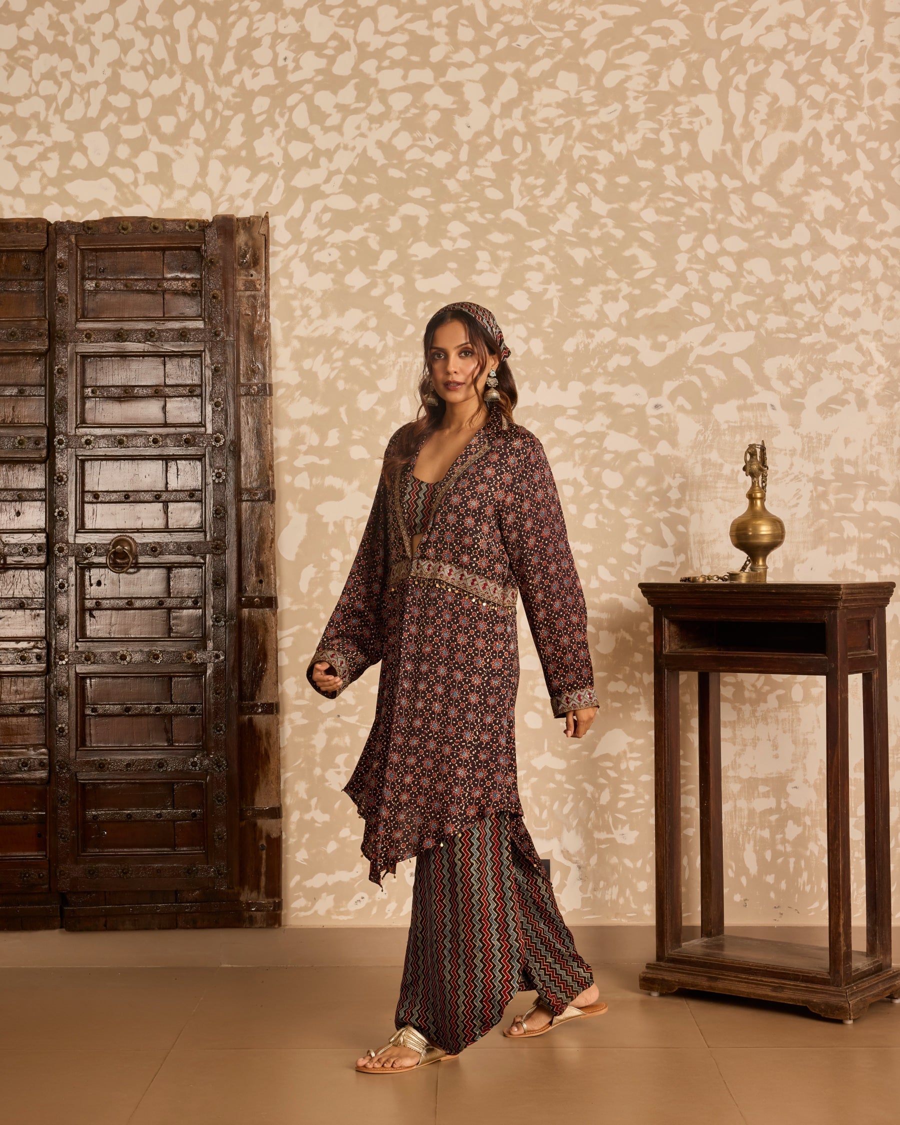Long Jacket with Bralette & Drape Pants Set at Kamakhyaa by Akashi Clothing. This item is Ajrakh by Akashi Clothing, Under $100