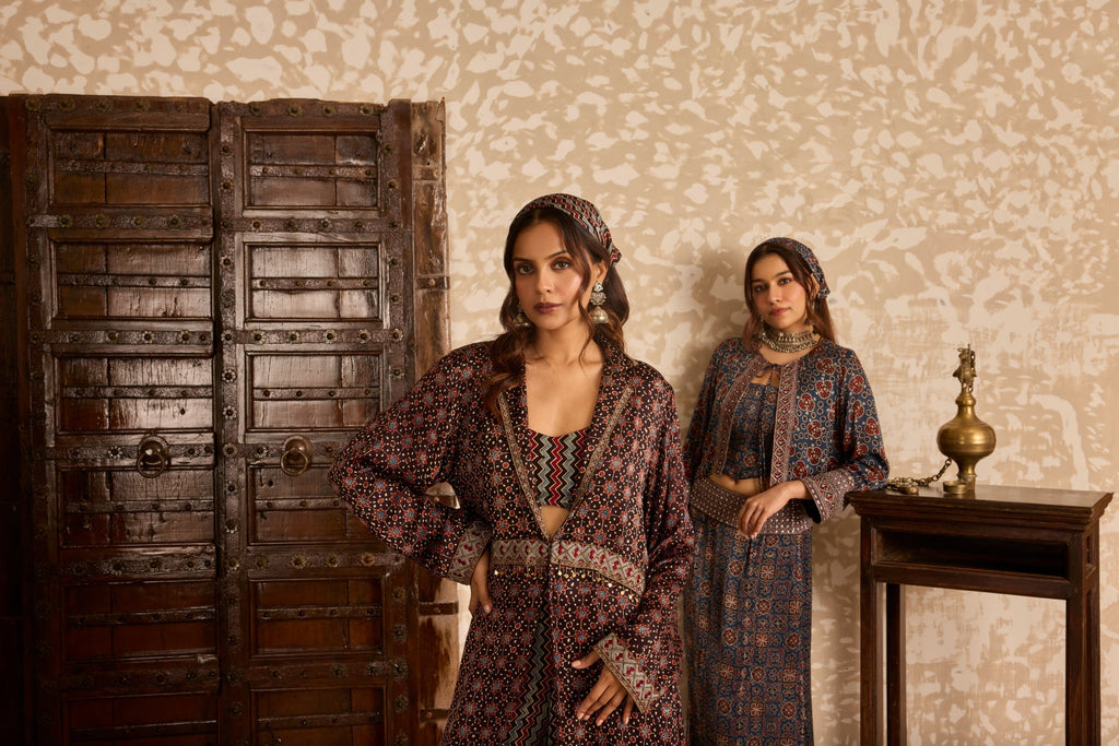 Long Jacket with Bralette & Drape Pants Set at Kamakhyaa by Akashi Clothing. This item is Ajrakh by Akashi Clothing, Under $100