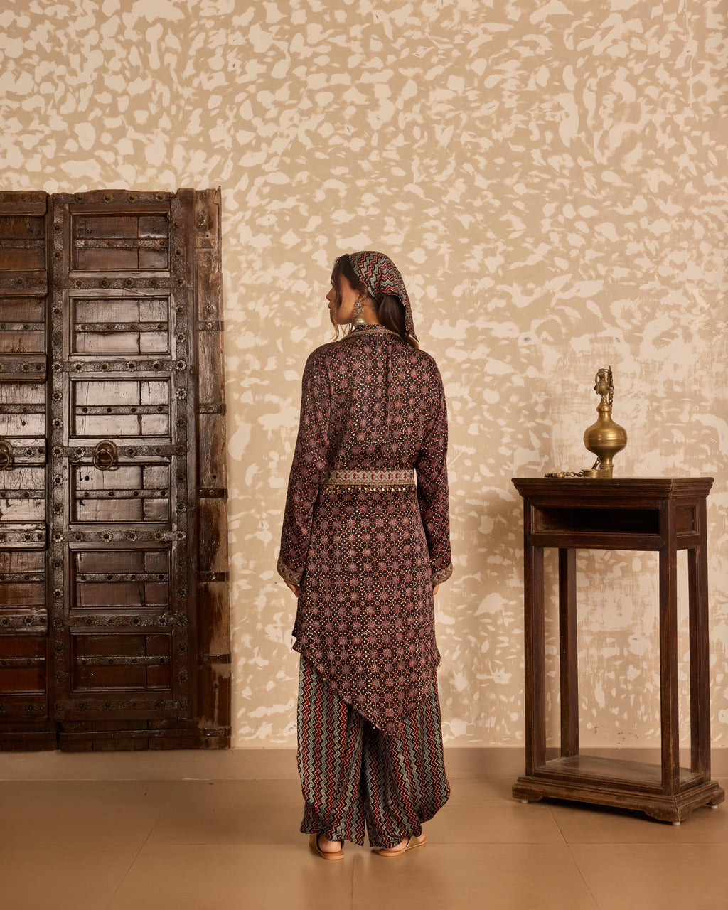 Long Jacket with Bralette & Drape Pants Set at Kamakhyaa by Akashi Clothing. This item is Ajrakh by Akashi Clothing, Under $100