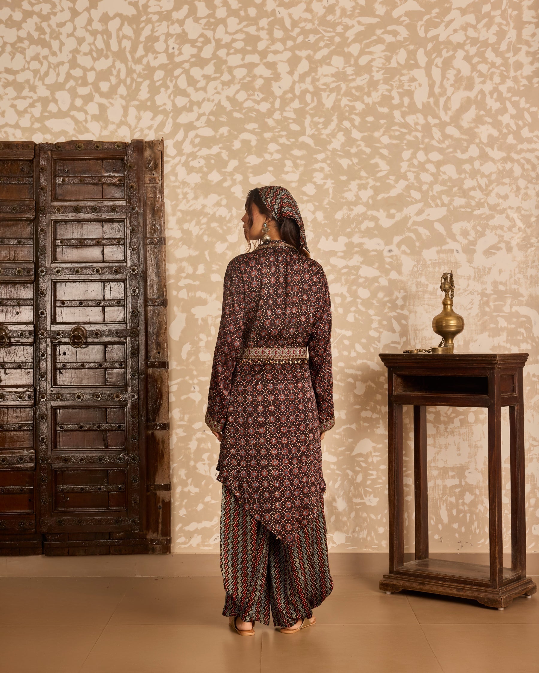 Long Jacket with Bralette & Drape Pants Set at Kamakhyaa by Akashi Clothing. This item is Ajrakh by Akashi Clothing, Under $100