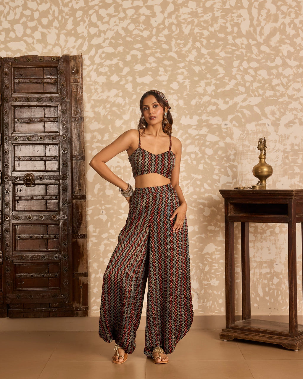 Long Jacket with Bralette & Drape Pants Set at Kamakhyaa by Akashi Clothing. This item is Ajrakh by Akashi Clothing, Under $100