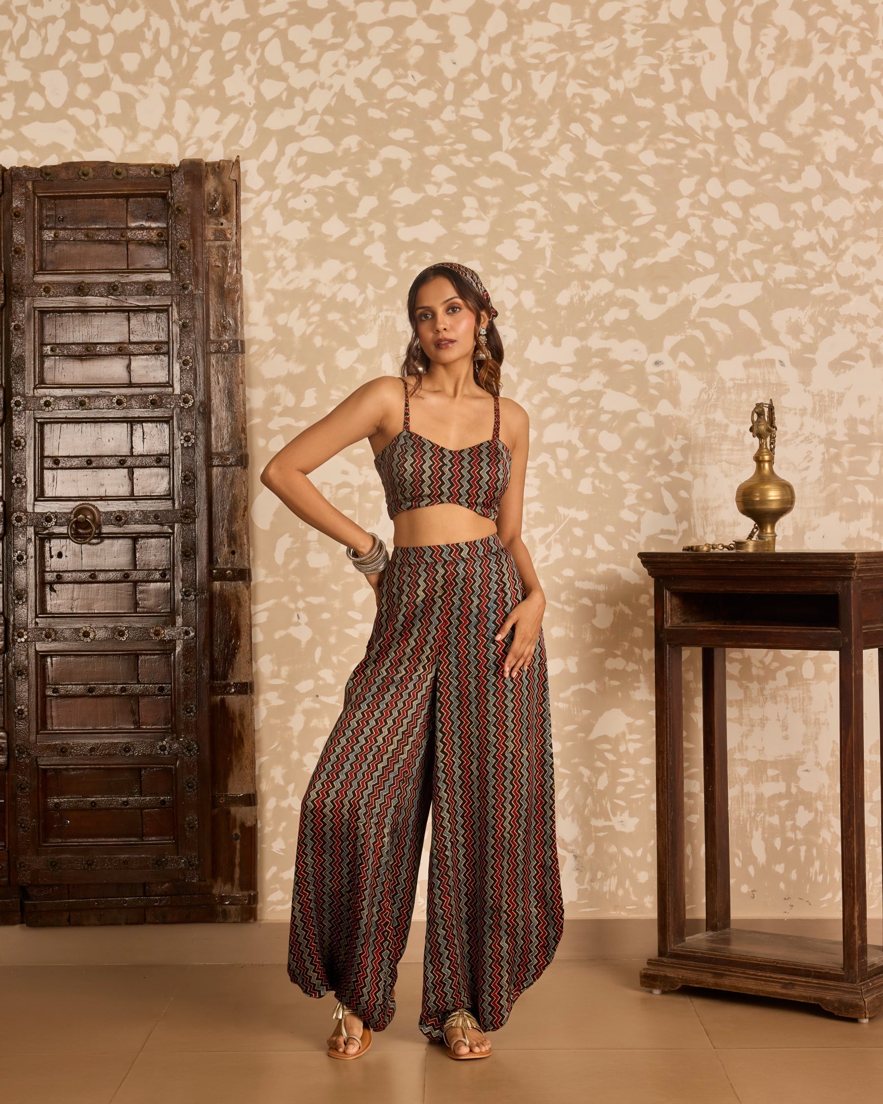 Long Jacket with Bralette & Drape Pants Set at Kamakhyaa by Akashi Clothing. This item is Ajrakh by Akashi Clothing, Under $100