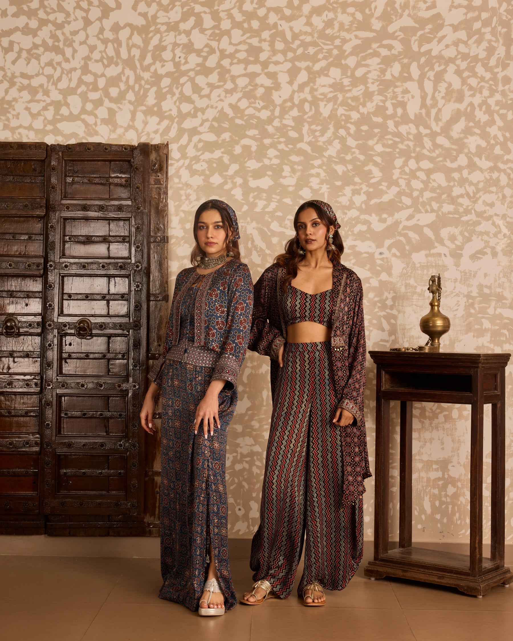 Long Jacket with Bralette & Drape Pants Set at Kamakhyaa by Akashi Clothing. This item is Ajrakh by Akashi Clothing, Under $100