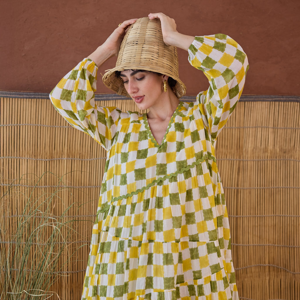 Lush Lime at Kamakhyaa by Taro. This item is Artisan made, Cotton Mulmul, Handblock Printed, Mini Dresses, Under $50, Whispers of Summer by Taro, Yellow