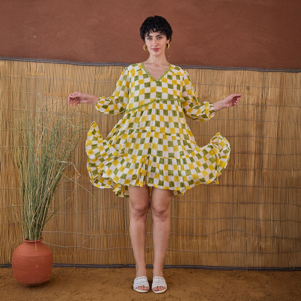 Lush Lime at Kamakhyaa by Taro. This item is Artisan made, Cotton Mulmul, Handblock Printed, Mini Dresses, Under $50, Whispers of Summer by Taro, Yellow