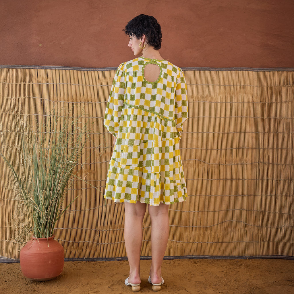 Lush Lime at Kamakhyaa by Taro. This item is Artisan made, Cotton Mulmul, Handblock Printed, Mini Dresses, Under $50, Whispers of Summer by Taro, Yellow