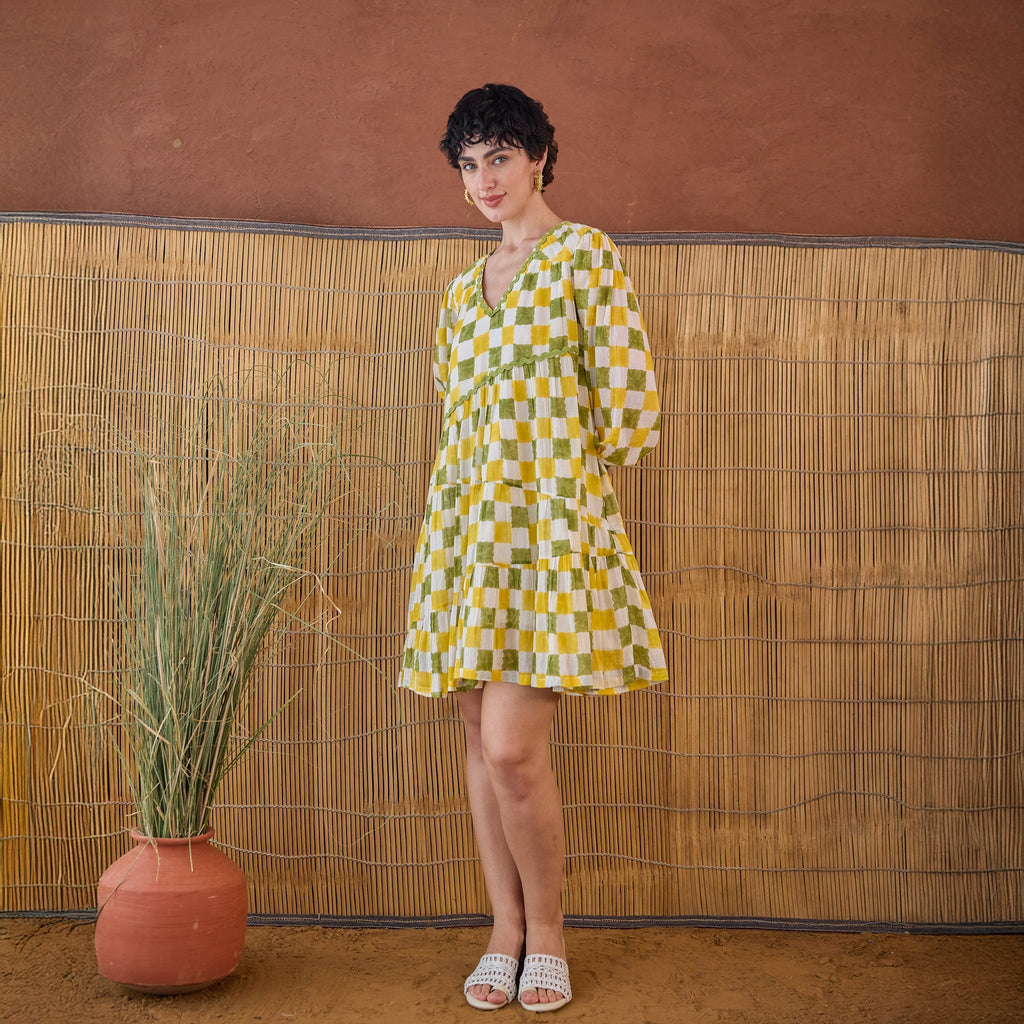 Lush Lime at Kamakhyaa by Taro. This item is Artisan made, Cotton Mulmul, Handblock Printed, Mini Dresses, Under $50, Whispers of Summer by Taro, Yellow