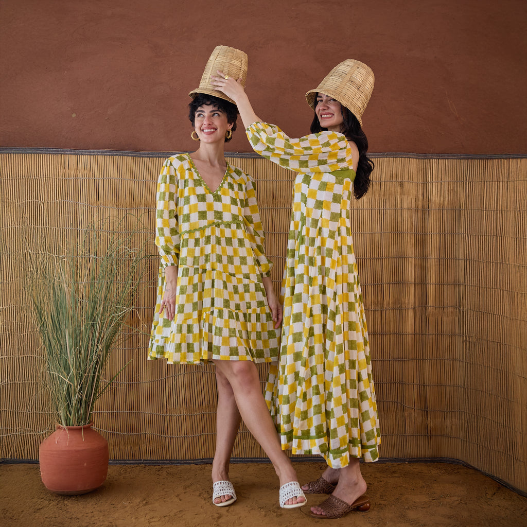 Lush Lime at Kamakhyaa by Taro. This item is Artisan made, Cotton Mulmul, Handblock Printed, Mini Dresses, Under $50, Whispers of Summer by Taro, Yellow