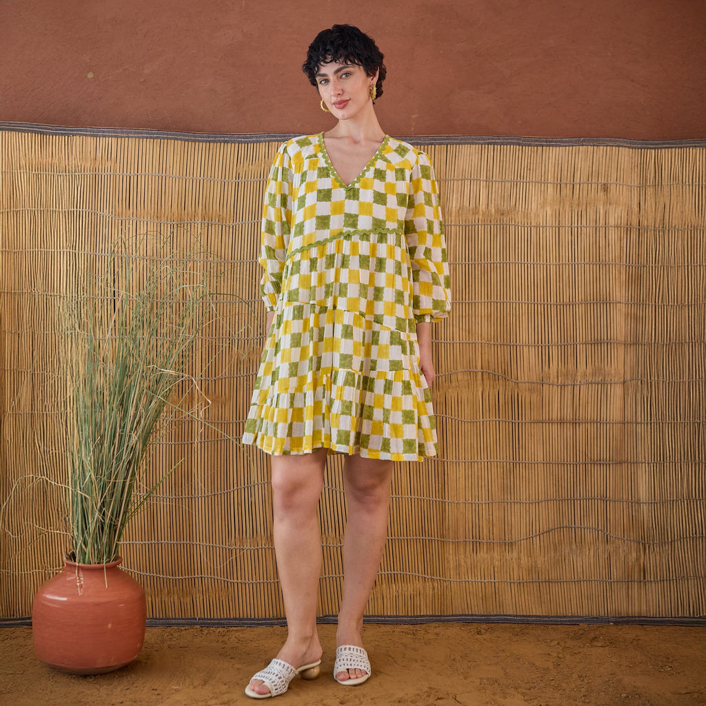 Lush Lime at Kamakhyaa by Taro. This item is Artisan made, Cotton Mulmul, Handblock Printed, Mini Dresses, Under $50, Whispers of Summer by Taro, Yellow