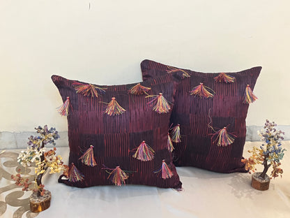 Majestic Plum Cushion Cover Sets at Kamakhyaa by Aetherea. This item is Cotton, Cushion covers, Home, Purple, Tassels, Upcycled