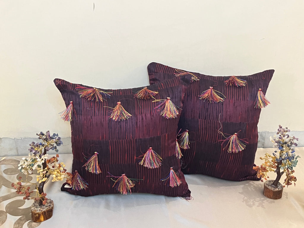 Majestic Plum Cushion Cover Sets at Kamakhyaa by Aetherea. This item is Cotton, Cushion covers, Home, Purple, Tassels, Upcycled