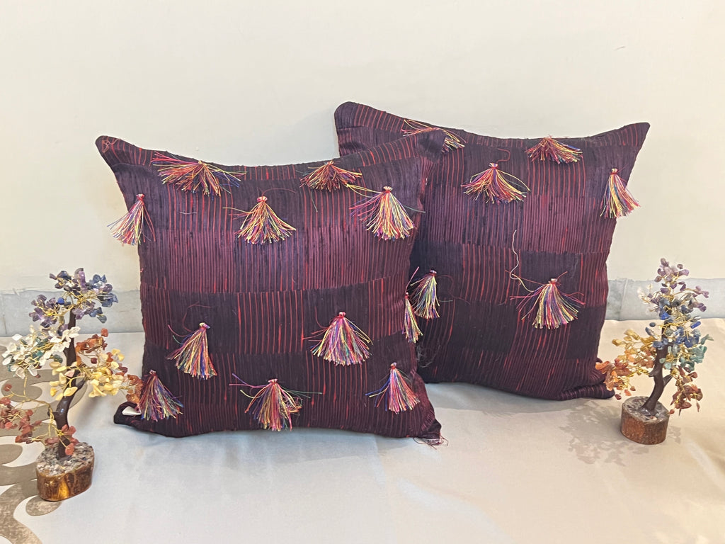 Majestic Plum Cushion Cover Sets at Kamakhyaa by Aetherea. This item is Cotton, Cushion covers, Home, Purple, Tassels, Upcycled
