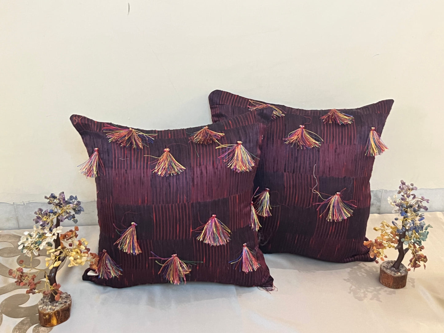 Majestic Plum Cushion Cover Sets at Kamakhyaa by Aetherea. This item is Cotton, Cushion covers, Home, Purple, Tassels, Upcycled