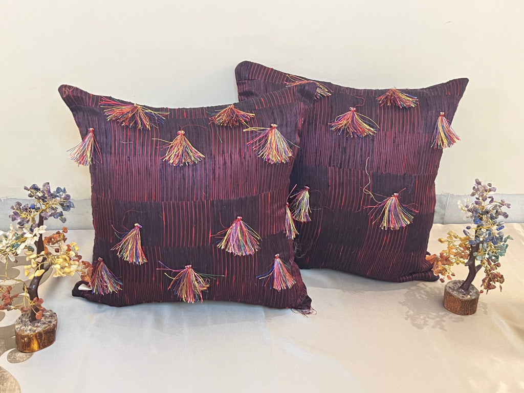 Majestic Plum Cushion Cover Sets at Kamakhyaa by Aetherea. This item is Cotton, Cushion covers, Home, Purple, Tassels, Upcycled