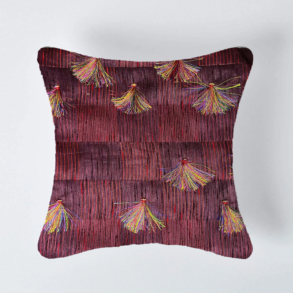 Majestic Plum Cushion Cover Sets at Kamakhyaa by Aetherea. This item is Cotton, Cushion covers, Made from Natural Materials, Misty Mauve, Purple, Tassels, Upcycled, Upcycled Cotton