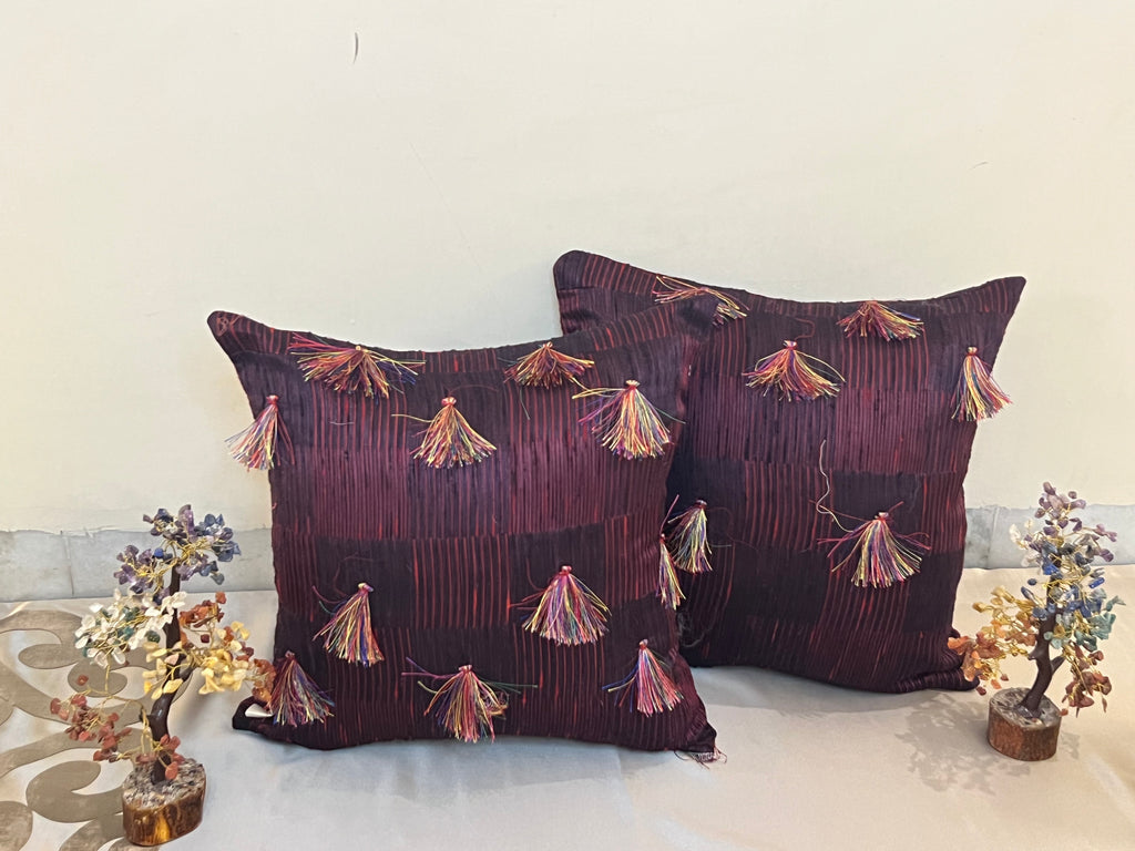 Majestic Plum Cushion Cover Sets at Kamakhyaa by Aetherea. This item is Cotton, Cushion covers, Home, Purple, Tassels, Upcycled