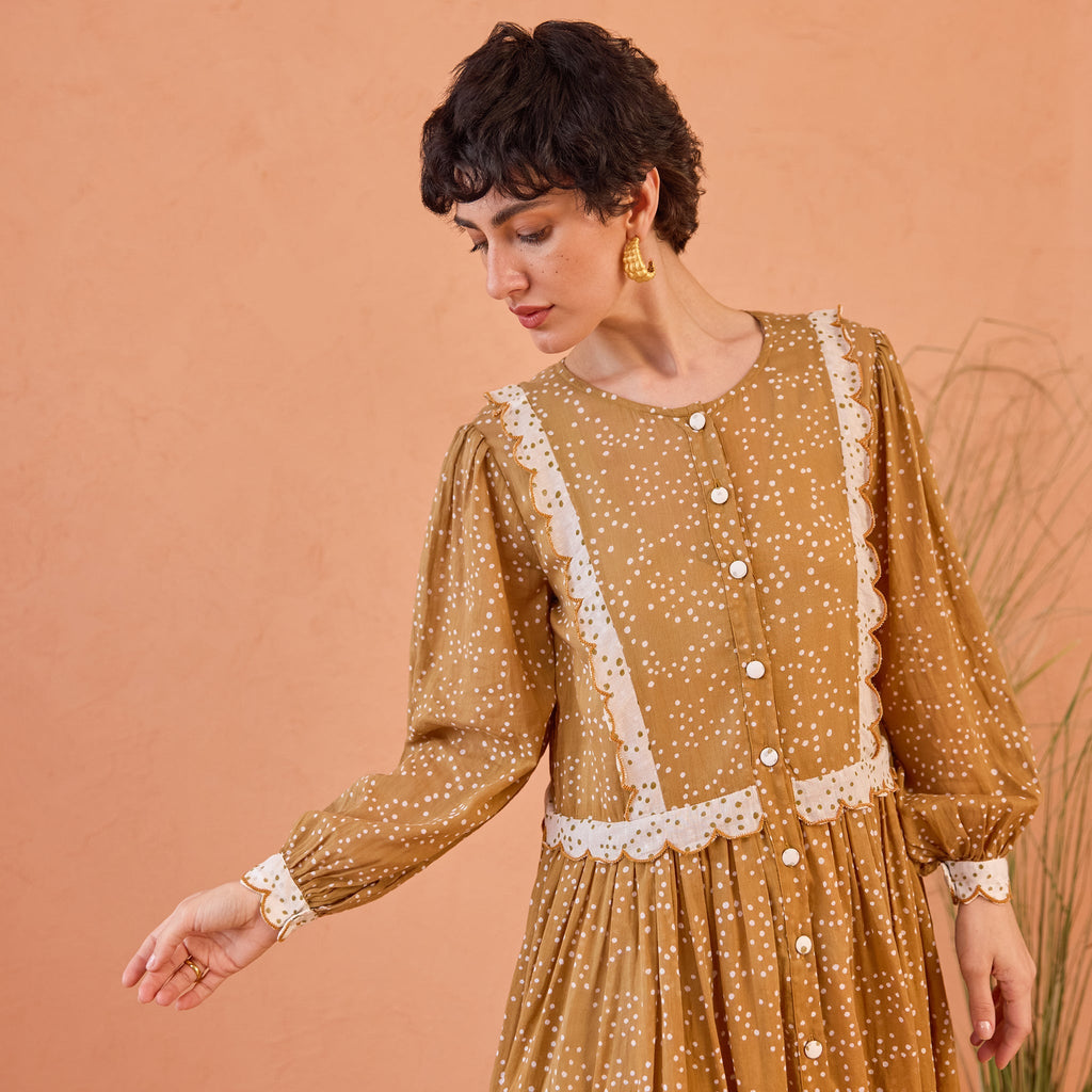 Marigold Breeze at Kamakhyaa by Taro. This item is Artisan made, Cotton Mulmul, Handblock Printed, Mustard, Orange, Shirt Dresses, Under $50, Whispers of Summer by Taro, Yellow
