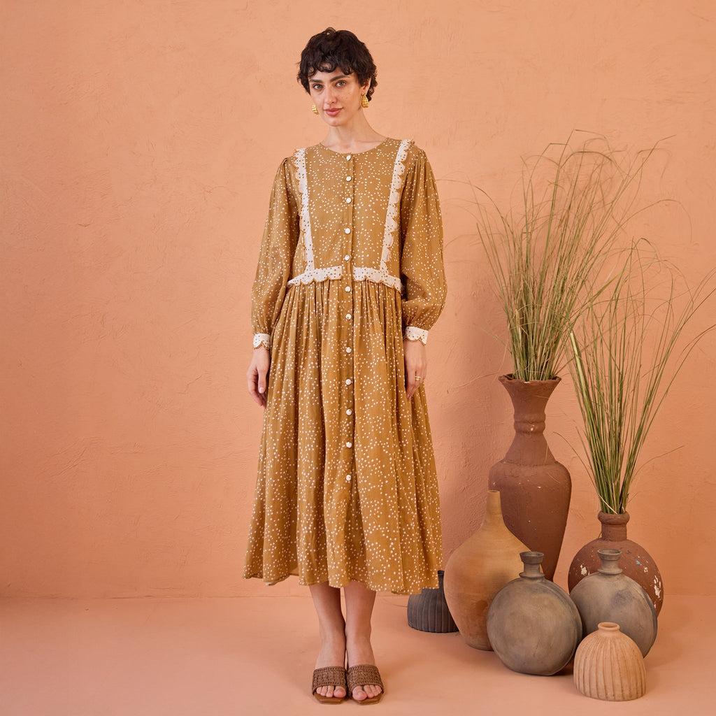 Marigold Breeze at Kamakhyaa by Taro. This item is Artisan made, Cotton Mulmul, Handblock Printed, Mustard, Orange, Shirt Dresses, Under $50, Whispers of Summer by Taro, Yellow