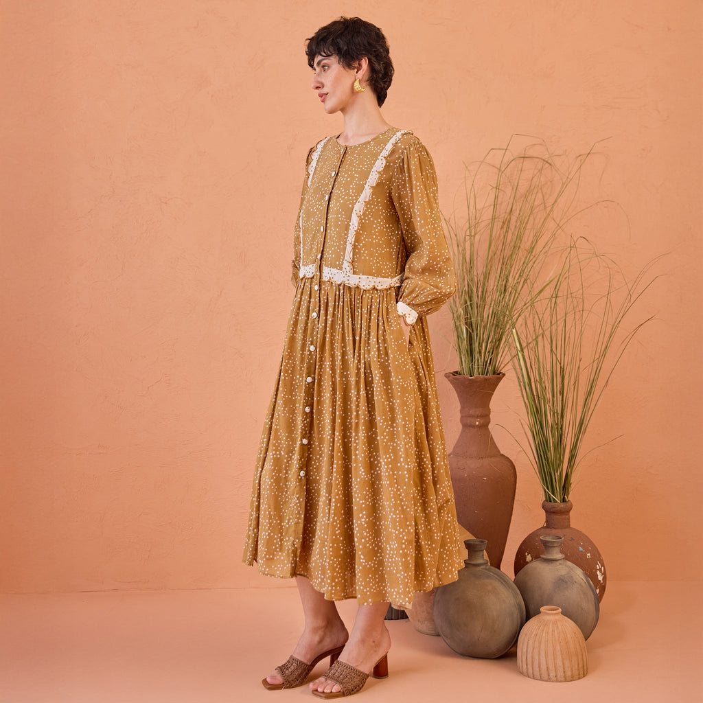 Marigold Breeze at Kamakhyaa by Taro. This item is Artisan made, Cotton Mulmul, Handblock Printed, Mustard, Orange, Shirt Dresses, Under $50, Whispers of Summer by Taro, Yellow