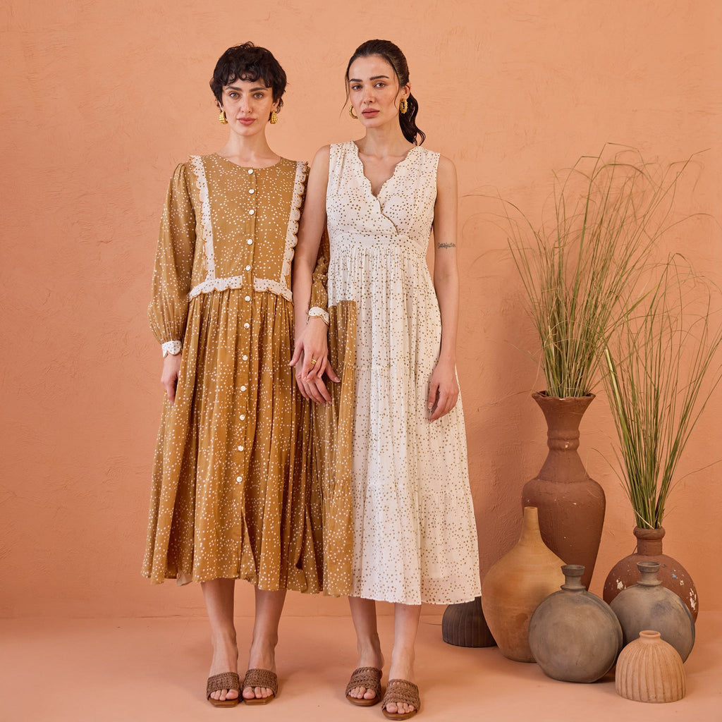 Marigold Breeze at Kamakhyaa by Taro. This item is Artisan made, Cotton Mulmul, Handblock Printed, Mustard, Orange, Shirt Dresses, Under $50, Whispers of Summer by Taro, Yellow