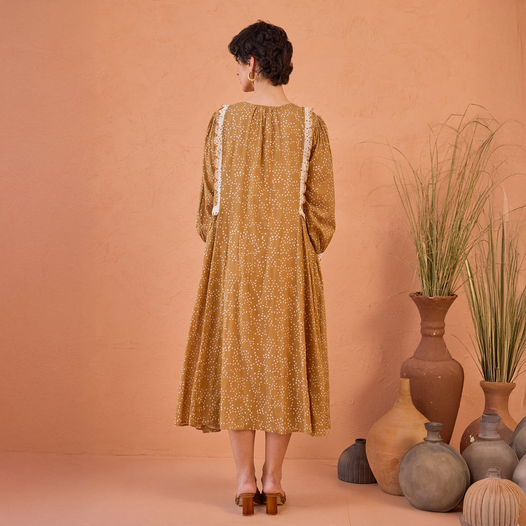 Marigold Breeze at Kamakhyaa by Taro. This item is Artisan made, Cotton Mulmul, Handblock Printed, Mustard, Orange, Shirt Dresses, Under $50, Whispers of Summer by Taro, Yellow
