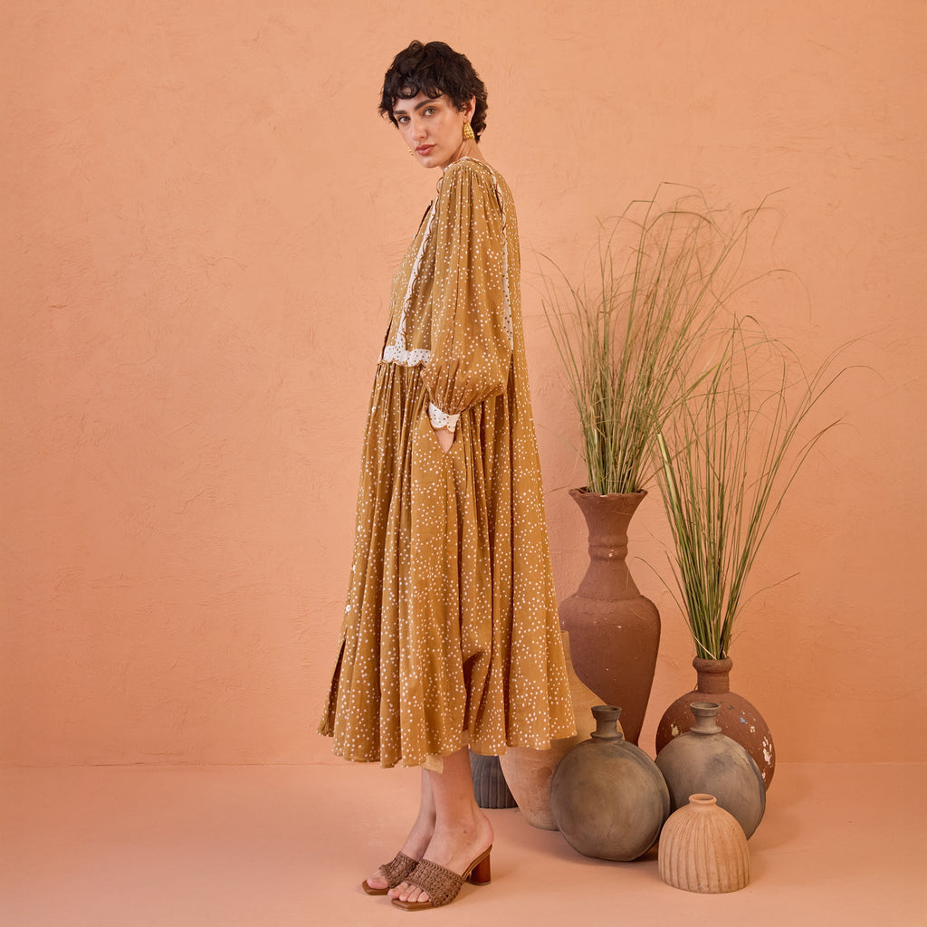 Marigold Breeze at Kamakhyaa by Taro. This item is Artisan made, Cotton Mulmul, Handblock Printed, Mustard, Orange, Shirt Dresses, Under $50, Whispers of Summer by Taro, Yellow