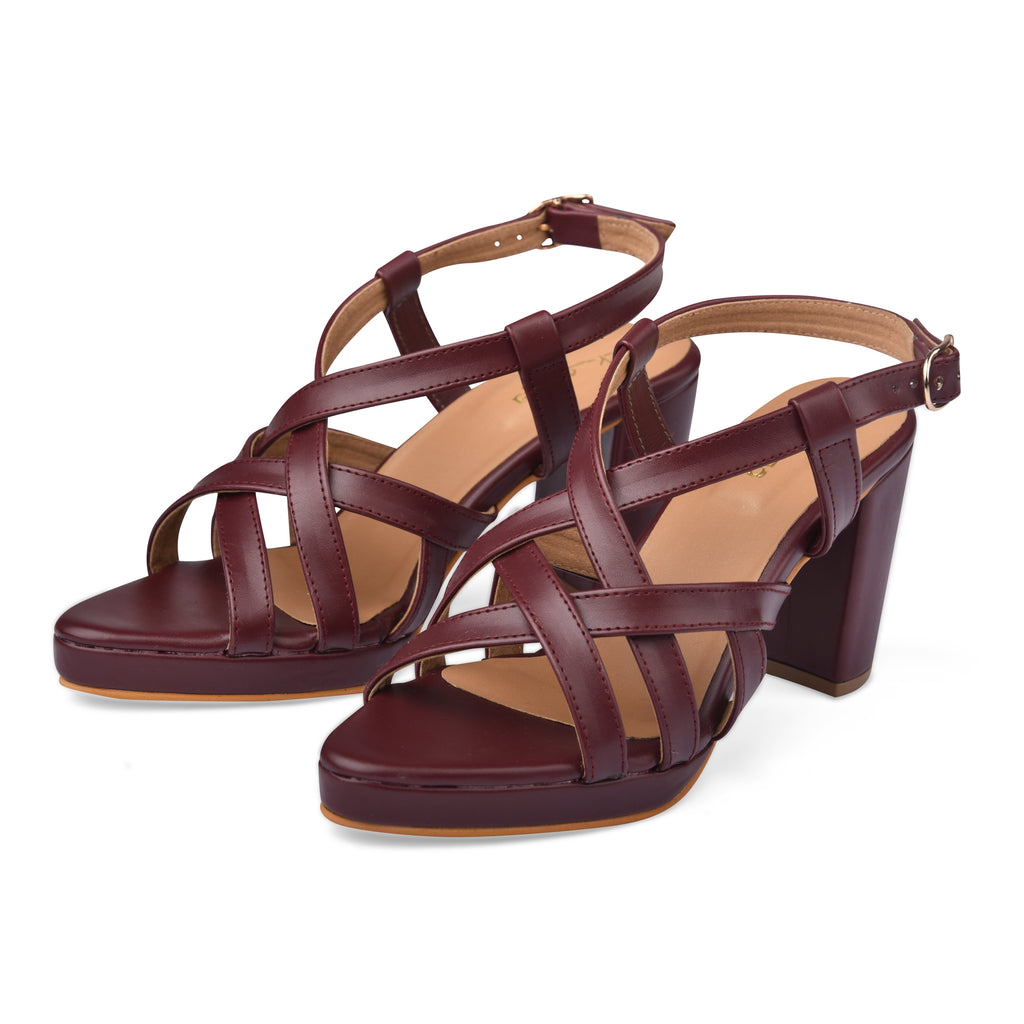 Maroon Cross Strap Heels at Kamakhyaa by EK_agga. This item is Evening Special Footwear, heels, Maroon, missing, Open Toes Footwear, Pointed Toes Footwear, stylish