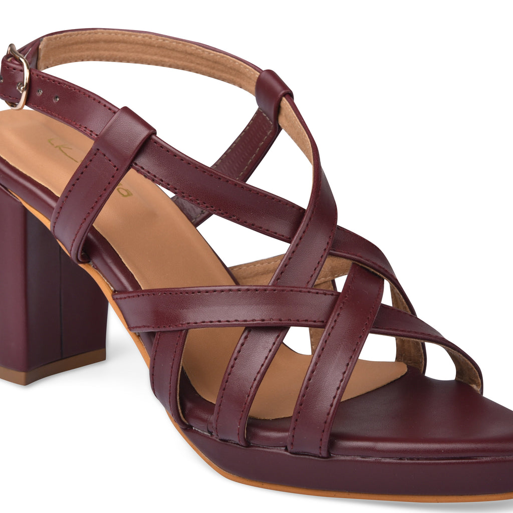Maroon Cross Strap Heels at Kamakhyaa by EK_agga. This item is Evening Special Footwear, heels, Maroon, missing, Open Toes Footwear, Pointed Toes Footwear, stylish