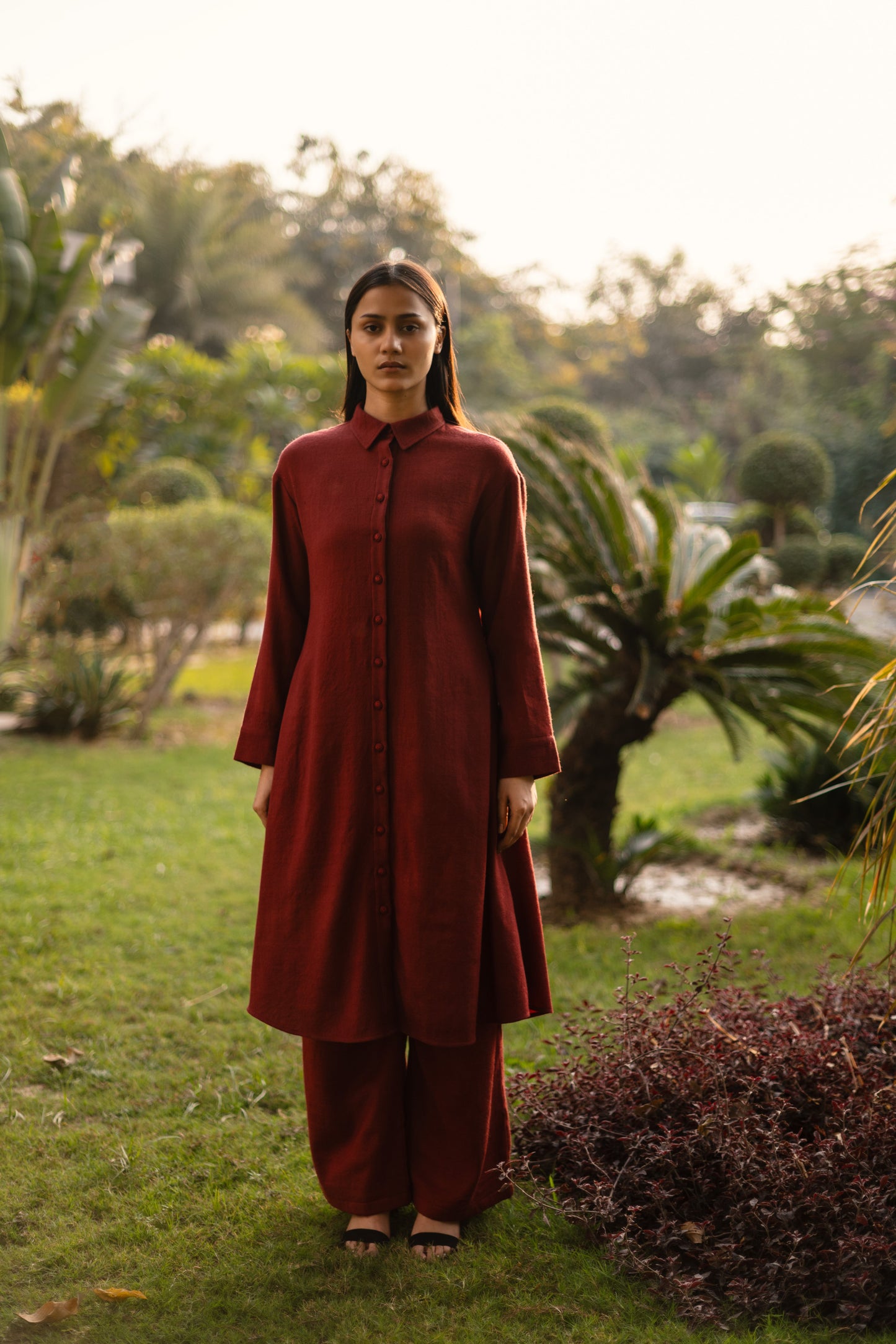 Maroon Merino Wool Aleeza Set at Kamakhyaa by Raas. This item is Maroon, Merino Wool, Regular Fit, Uru by Raas, Winter WearOffice Wear Co-ords, Woven