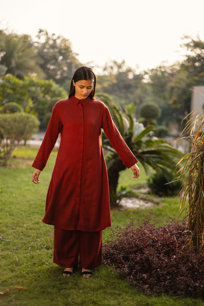 Maroon Merino Wool Aleeza Set at Kamakhyaa by Raas. This item is Maroon, Merino Wool, Regular Fit, Uru by Raas, Winter WearOffice Wear Co-ords, Woven