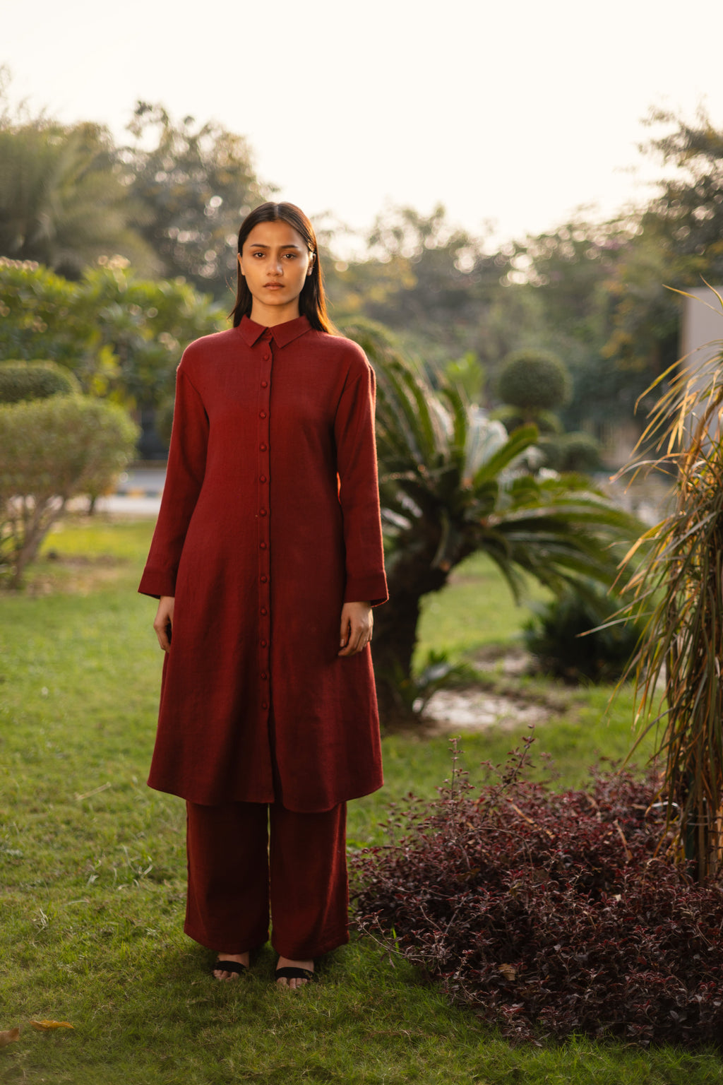 Maroon Merino Wool Aleeza Tunic at Kamakhyaa by Raas. This item is Maroon, Merino Wool, Regular Fit, Tunic Tops, Uru by Raas, Winter Wear, Woven