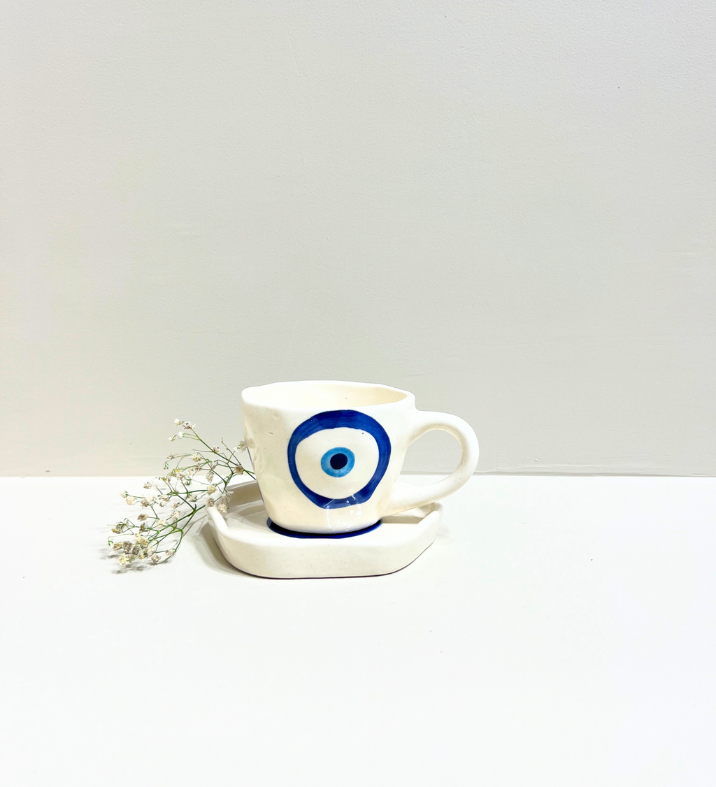 Midnight Nazar – Evil Eye Ceramic Mug & Plate Set at Kamakhyaa by Aetherea World. This item is 
