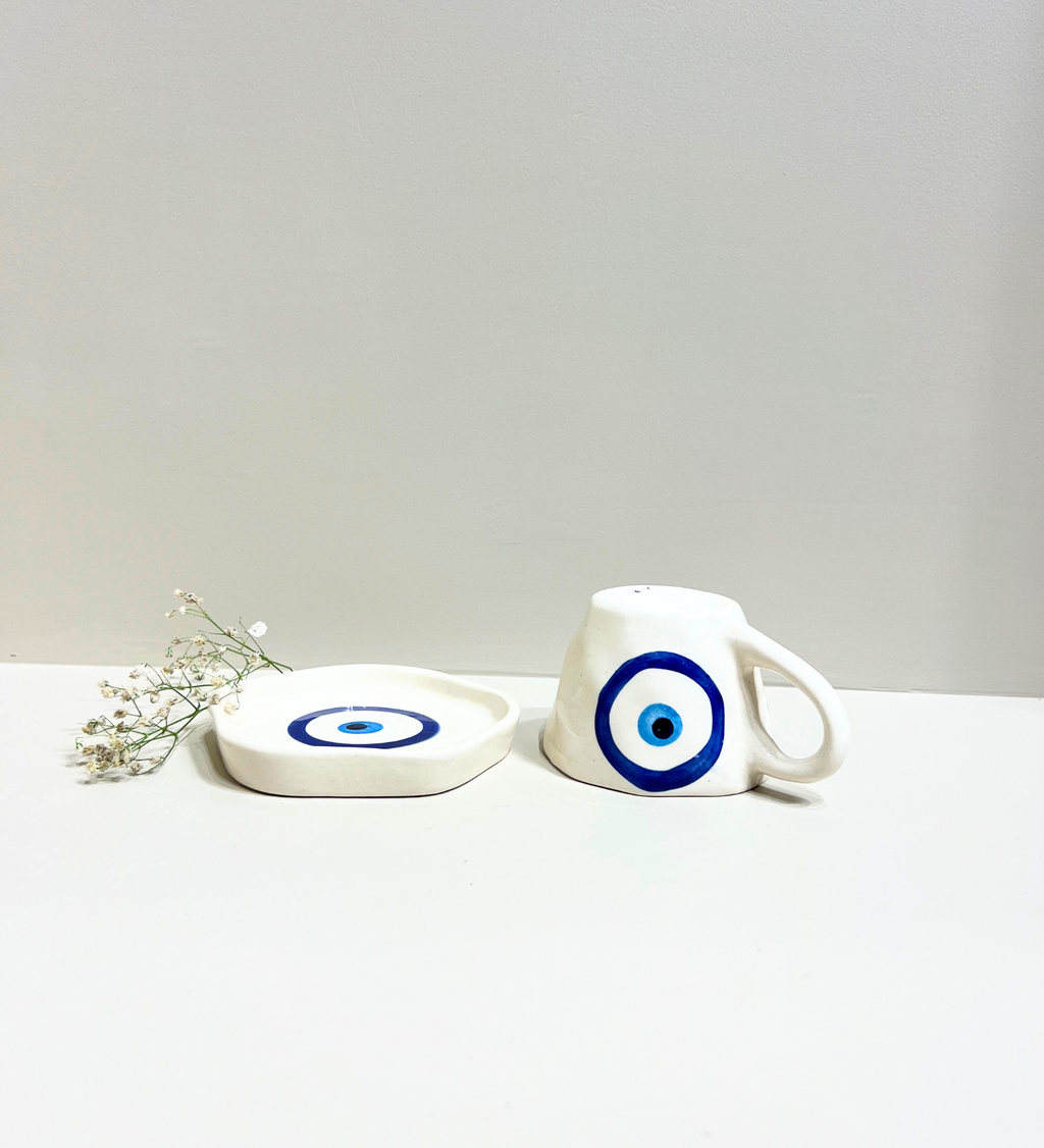 Midnight Nazar – Evil Eye Ceramic Mug & Plate Set at Kamakhyaa by Aetherea World. This item is 