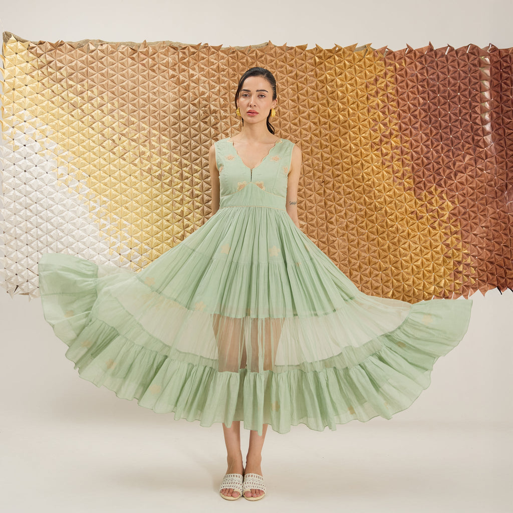 Mint Mellow at Kamakhyaa by The Loom Art. This item is Fluer De Code by The Loom Art, French Knots, Greent, Handwoven Cotton Silk