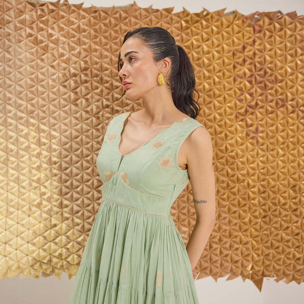 Mint Mellow at Kamakhyaa by The Loom Art. This item is Fluer De Code by The Loom Art, French Knots, Greent, Handwoven Cotton Silk