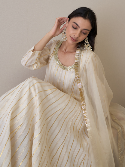 Mirror Embroidered Scoop Neck Anarkali Kurta Set with dupatta at Kamakhyaa by RoohbyRidhimaa. This item is Avani by RoohbyRidhimaa, Cotton, Festive Wear, Kurta Set with Dupattas, Mirror Embroidery, Regular Fit, Silk Organza, Toxin free, White