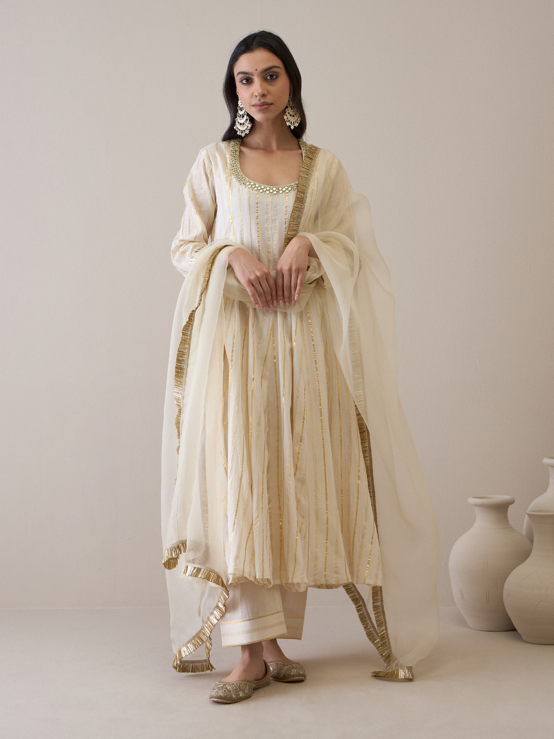 Mirror Embroidered Scoop Neck Anarkali Kurta Set with dupatta at Kamakhyaa by RoohbyRidhimaa. This item is Avani by RoohbyRidhimaa, Cotton, Festive Wear, Kurta Set with Dupattas, Mirror Embroidery, Regular Fit, Silk Organza, Toxin free, White