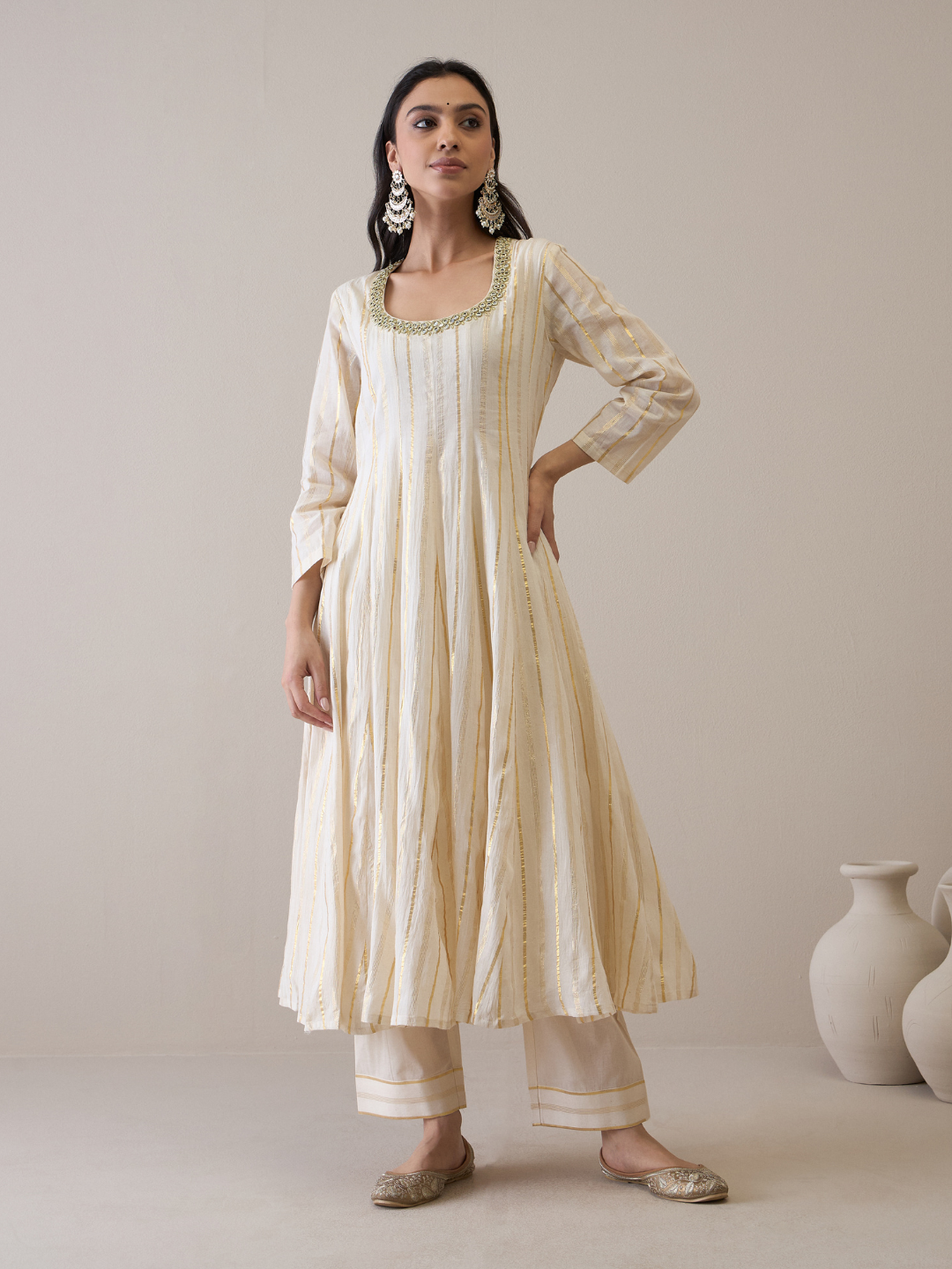 Mirror Embroidered Scoop Neck Anarkali Kurta Set with dupatta at Kamakhyaa by RoohbyRidhimaa. This item is Avani by RoohbyRidhimaa, Cotton, Festive Wear, Kurta Set with Dupattas, Mirror Embroidery, Regular Fit, Silk Organza, Toxin free, White