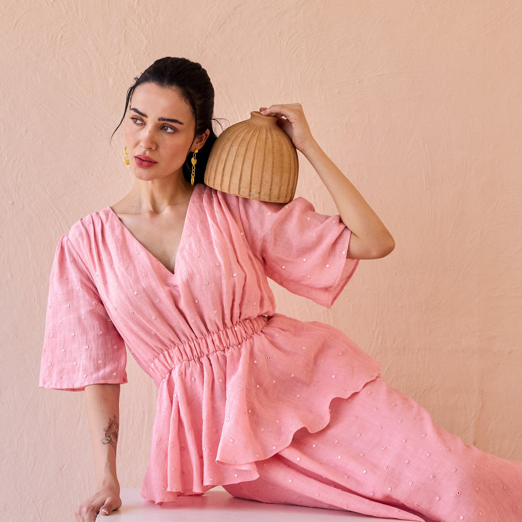 Mirror Mist at Kamakhyaa by The Loom Art. This item is Fluer De Code by The Loom Art, Linen, Mirror Work, Peplum Dresses, Pink