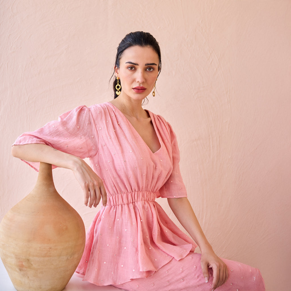 Mirror Mist at Kamakhyaa by The Loom Art. This item is Fluer De Code by The Loom Art, Linen, Mirror Work, Peplum Dresses, Pink